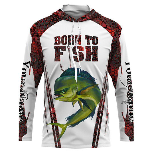 Bluejose "Born To Fish" Mahi Mahi Fishing Red Camo Custom Name   Long Sleeve Fishing Shirts