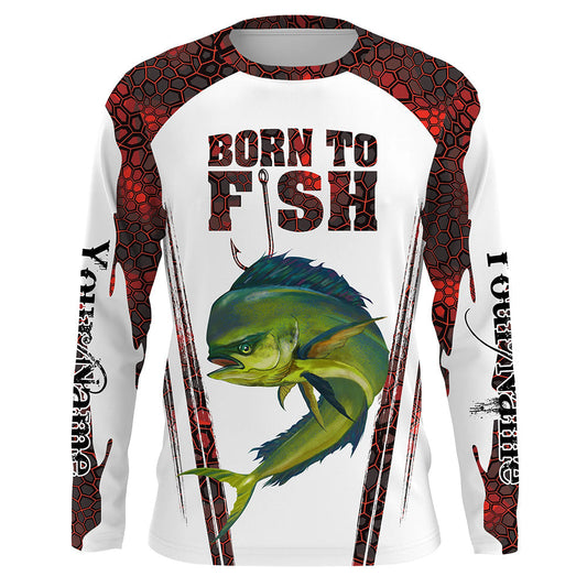 Bluejose "Born To Fish" Mahi Mahi Fishing Red Camo Custom Name   Long Sleeve Fishing Shirts