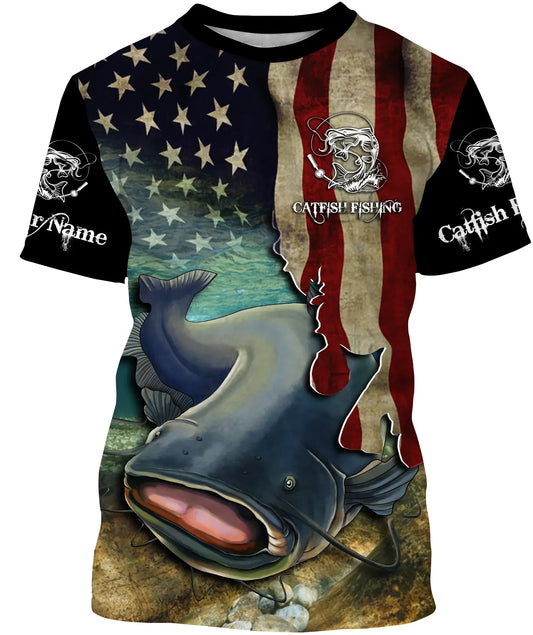 Bluejose Catfish Fishing American Flag Patriotic Custom All Over Print Shirt, Personalized Fishing Gift