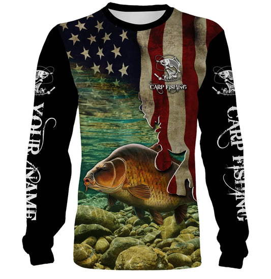 Bluejose Carp Fishing 3D American Flag Patriotic Customize Name Long Sleeve, Tshirt, Hoodie Fishing