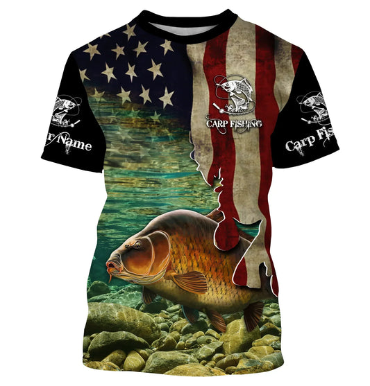 Bluejose Carp Fishing 3D American Flag Patriotic Customize Name Long Sleeve, Tshirt, Hoodie Fishing