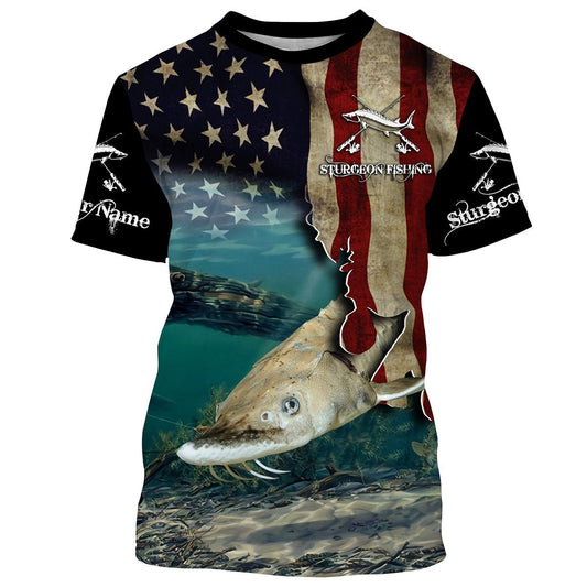 Bluejose Sturgeon Fishing 3D American Flag Patriotic Customize Name All Over Print Shirts