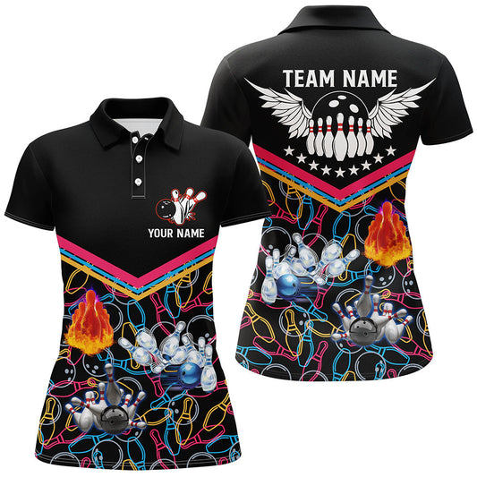 BlueJose Multicolor Pattern Black Bowling Customized Name All Over Printed Shirt For Women