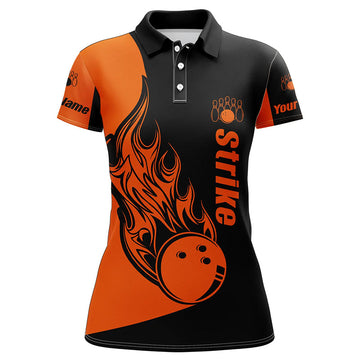 BlueJose Black and Orange Bowling Strike Premium Customized Name 3D Shirt For Women