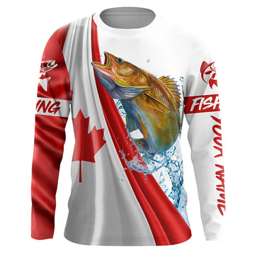 Bluejose Canadian Flag Patriotic Walleye Fishing Custom Name 3D Long Sleeve Fishing Shirts