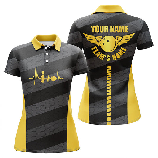 BlueJose Yellow And Grey Bowling Hexagon Pattern Premium Customized Name 3D Shirt For Women