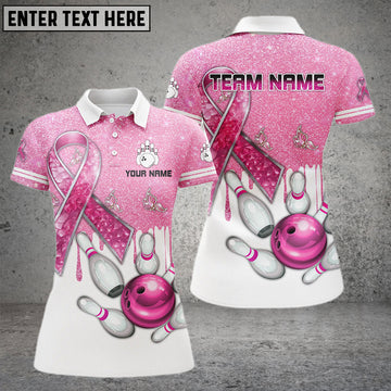 BlueJose Bowling And Pins Pink Ribbons Breast Cancer Bling Pattern Personalized Name 3D Shirts