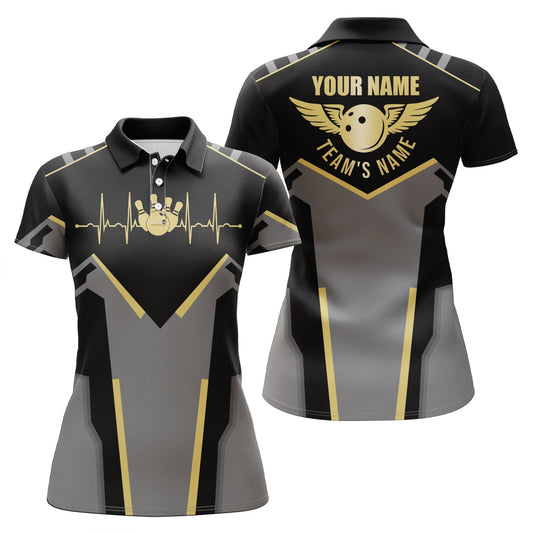 BlueJose Black Gold Bowling Wings Premium Customized Name 3D Shirt For Women