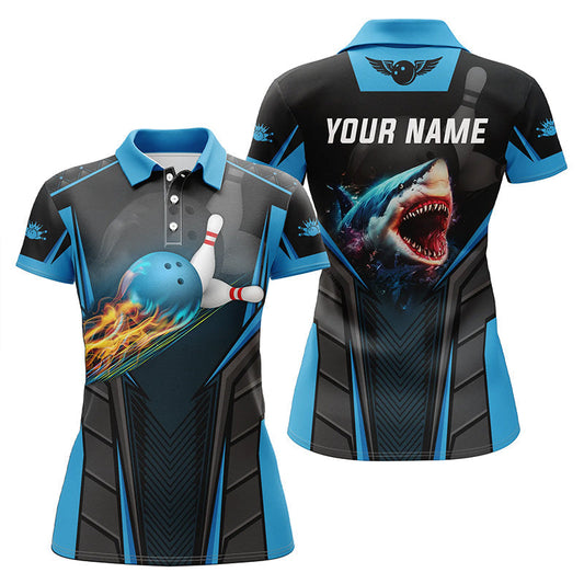 BlueJose Cyan Bowling Fire Shark Customized Name All Over Printed Shirt For Women