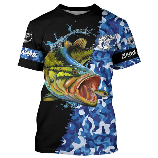 BlueJose Blue Camo Largemouth Bass Fishing Personalized Shirt