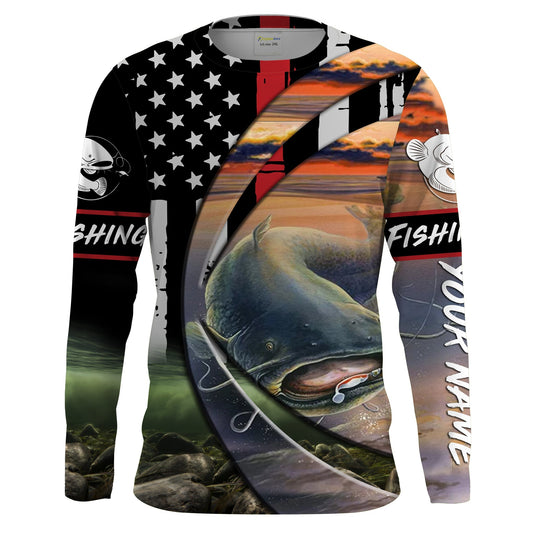 Bluejose Catfish Fishing American Flag Patriotic Fishing Customize Name    Long Sleeves Fishing Shirts