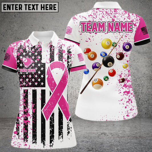 BlueJose Billiards Breast Cancer Awareness White Grunge American Flag Customized Name 3D Shirts