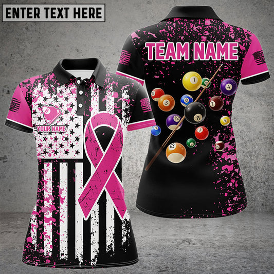 BlueJose Billiards Breast Cancer Awareness Black Grunge American Flag Customized Name 3D Shirts