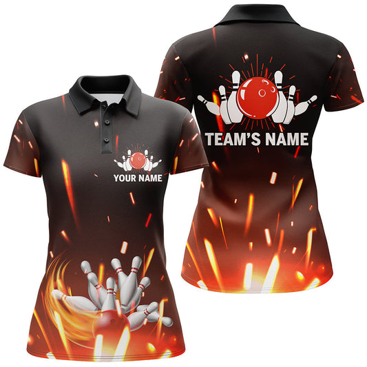 BlueJose Flame Bowling Ball And Pins Customized Name All Over Printed Shirt For Women