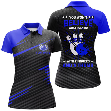 BlueJose Ladies Blue & Black Bowling With 2 Fingers and A Thumb Premium Customized Name 3D Shirt For Women