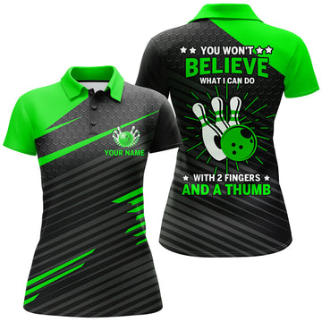 BlueJose Ladies Green & Black Bowling With 2 Fingers and A Thumb Premium Customized Name 3D Shirt For Women Personalized Shirts For Bowling Players