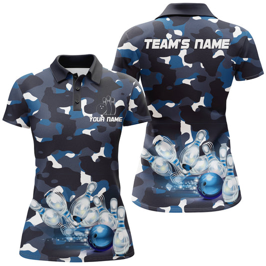 BlueJose Blue Camo Bowling Premium Customized Name 3D Shirt For Women