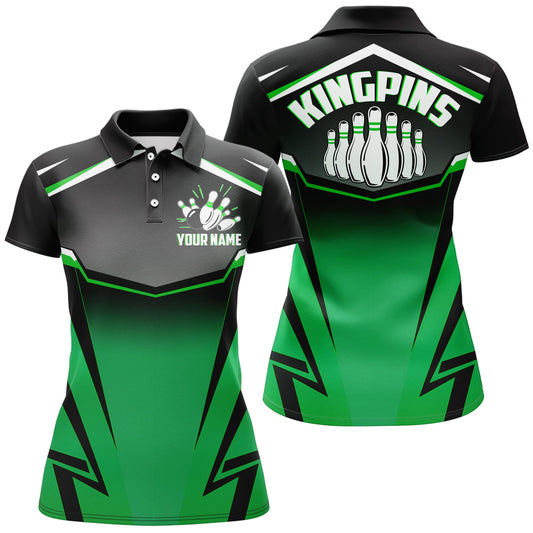 BlueJose Kingpins Green Bowling Customized Name All Over Printed Shirt For Women