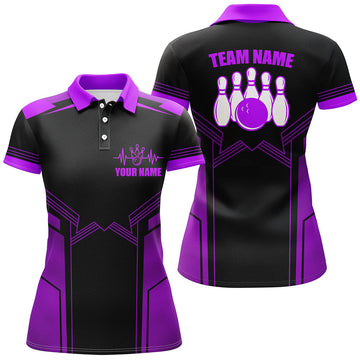 BlueJose Purple Bowling Ball And Pins Premium Customized Name 3D Shirt For Women, Personalized Shirts For Bowling Players