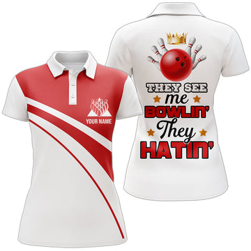 BlueJose Red & White Bowling Funny They See Me Bowlin' They Hatin' Premium Customized Name 3D Shirt For Women