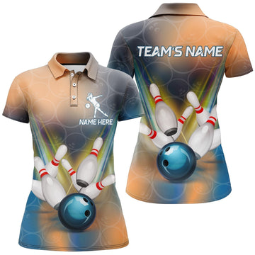 BlueJose Bowling Blue Ball Multicolor Pattern Premium Customized Name 3D Shirt For Women, Personalized Shirts For Bowling Players