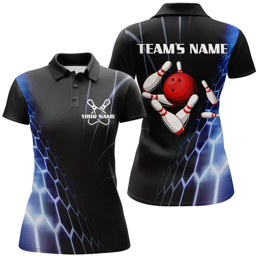 BlueJose Black And Blue Vintage Bowling Hexagon Pattern Premium Customized Name 3D Shirt For Women Personalized Shirts For Bowling Players