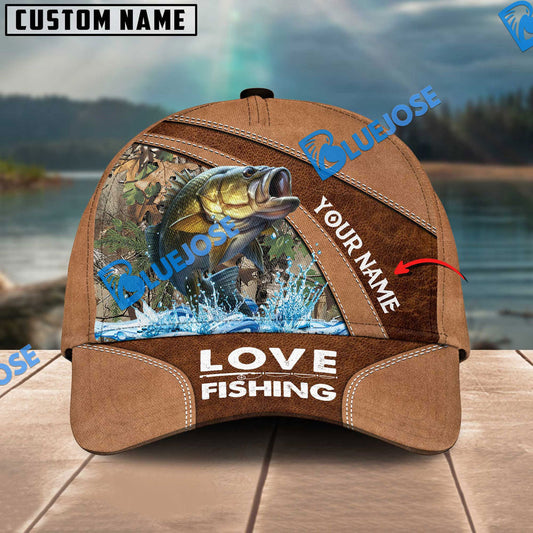 BlueJose Personalized Large Mouth Bass Fishing Leather Pattern Classic 3D Cap