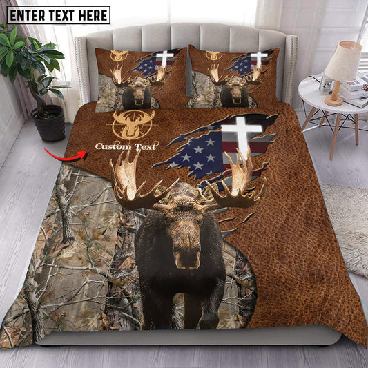 Bluejose Custom Text Moose Hunting USA Flag Bedding Set 3D All Over Printed