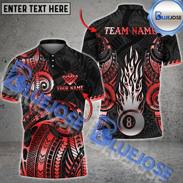 BlueJose Billiards Ball 8 Flame Maori Tattoo Personalized Name & Team Name Shirt (4 Colors)