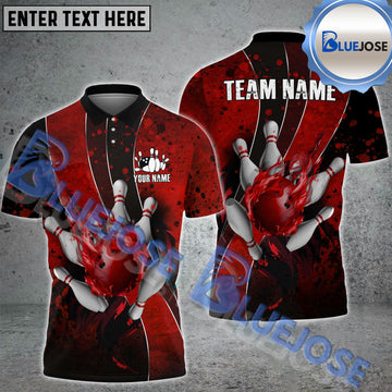 BlueJose Bowling And Pins Curved Silk Flame Customized Name 3D Shirt (4 Colors)