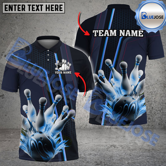 BlueJose Bowling And Pins Digital Hexagon Pattern Customized Name 3D Shirt (4 Colors)