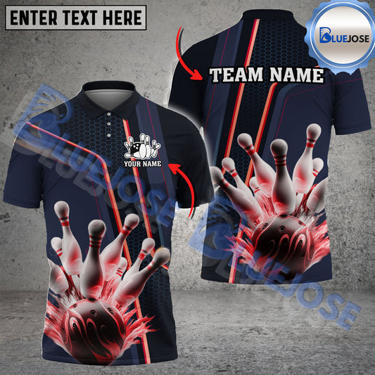 BlueJose Bowling And Pins Digital Hexagon Pattern Customized Name 3D Shirt (4 Colors)