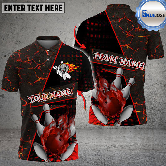 BlueJose Bowling And Pins Flame Magma Pattern Customized Name 3D Shirt (4 Colors)