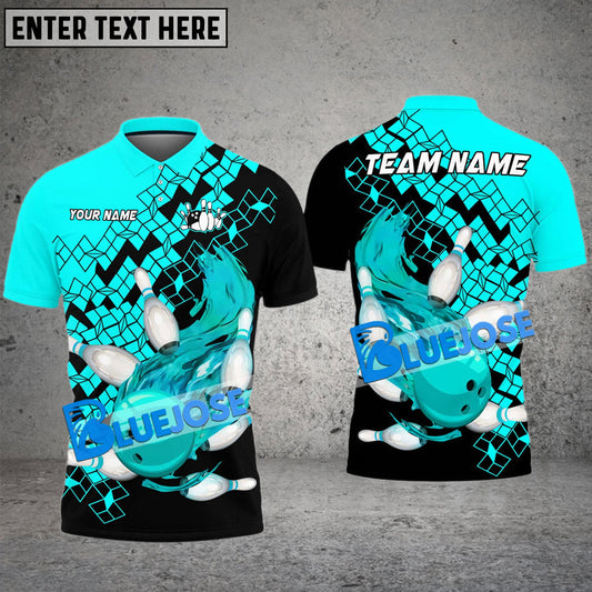 BlueJose Bowling And Pins Falling Square Flame Multicolor Customized Name 3D Shirt ( 4 Colors )