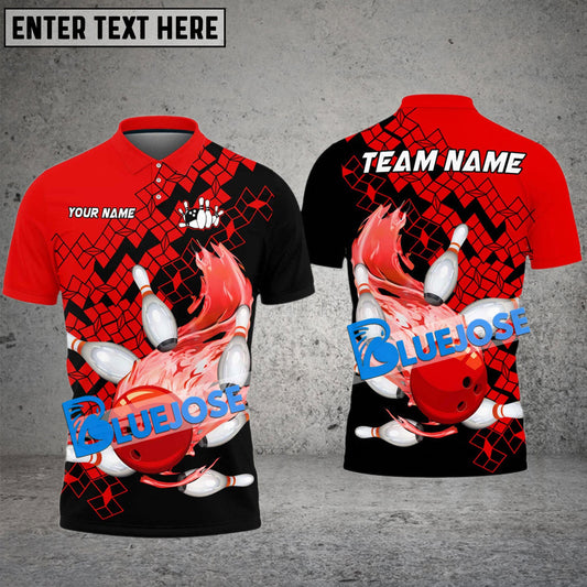 BlueJose Bowling And Pins Falling Square Flame Multicolor Customized Name 3D Shirt ( 4 Colors )