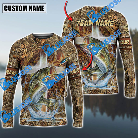 Bluejose Bass Fishing Camo Cross Custom Name & Team Name 3D Shirts