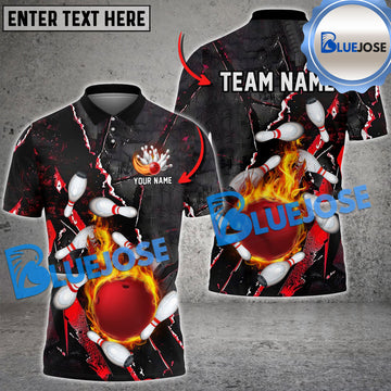 BlueJose Bowling And Pins Flame Crack Wall Customized Name 3D Shirt (4 Colors)