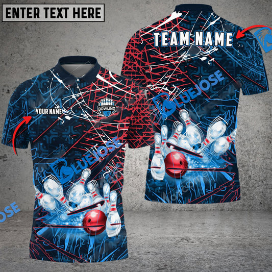 BlueJose Bowling And Pins Blue And Red Line Customized Name, Team Name 3D Shirt