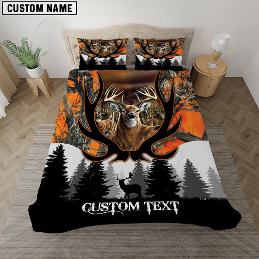 Bluejose Custom Text Orange Deer Hunting Antler Pattern Bedding Set 3D All Over Printed