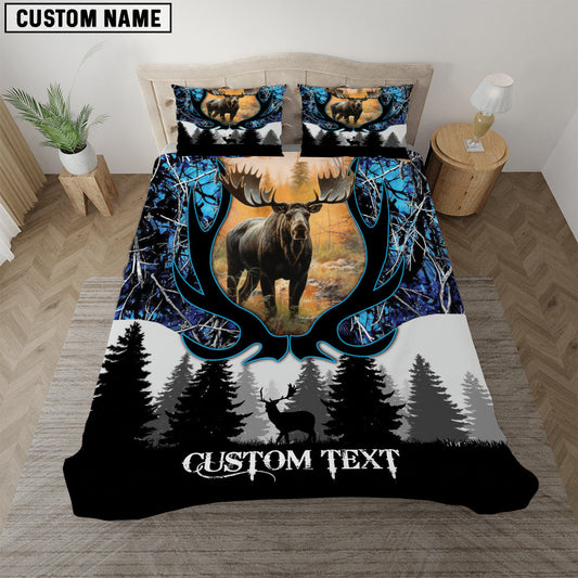 Bluejose Custom Text Blue Moose Hunting Antler Pattern Bedding Set 3D All Over Printed