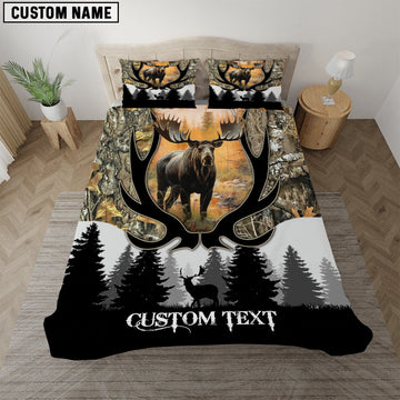 Bluejose Custom Text Grass Brown Moose Hunting Antler Pattern Bedding Set 3D All Over Printed