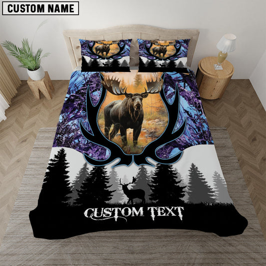 Bluejose Custom Text Purple Moose Hunting Antler Pattern Bedding Set 3D All Over Printed