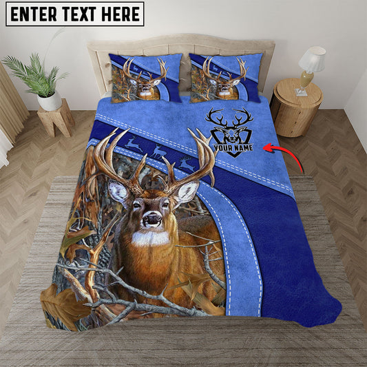 Bluejose Custom Text Blue Deer Hunting Leather Pattern Bedding Set 3D All Over Printed