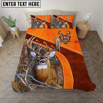 Bluejose Custom Text Orange Deer Hunting Leather Pattern Bedding Set 3D All Over Printed