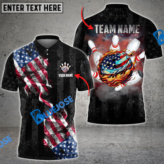 BlueJoses Bowling Amrican Flag Retro Smoke 3 Customized Name, Team Name 3D Shirt