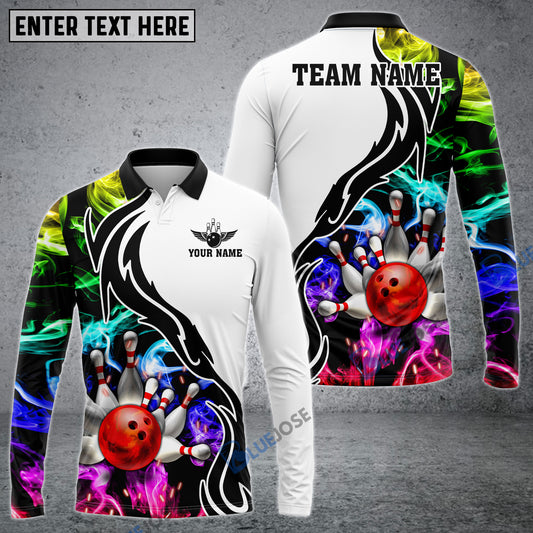 BlueJoses Bowling And Pins Multicolor Smoke Pattern Customized Name 3D Shirt