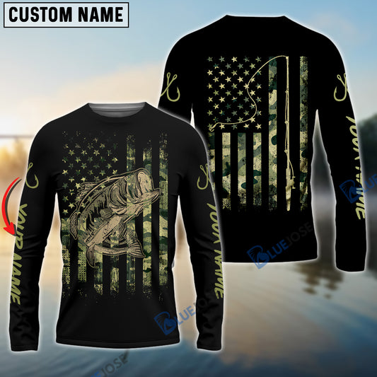 Bluejose Bass Fishing Camo American Flag Custom Long Sleeve Fishing Shirts , Personalized Patriotic Fishing Gifts