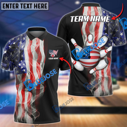 BlueJoses Bowling And Pins American Smoke Flag Customized Name, Team Name 3D Shirt