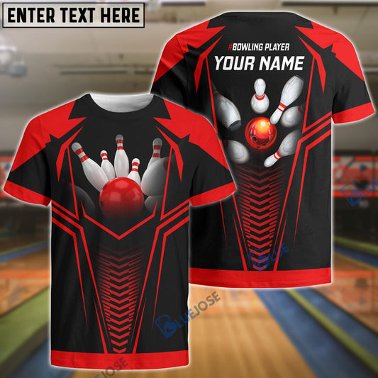 BlueJoses Red Bowling Ball Crashing The Pins Personalized Name 3D Shirt, Personalized Shirts For Bowling Players