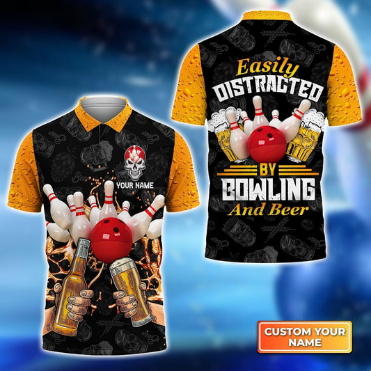 BlueJoses Easily Distracted By Bowling And Beer Customized Name 3D Shirt, Personalized Shirts For Bowling Players